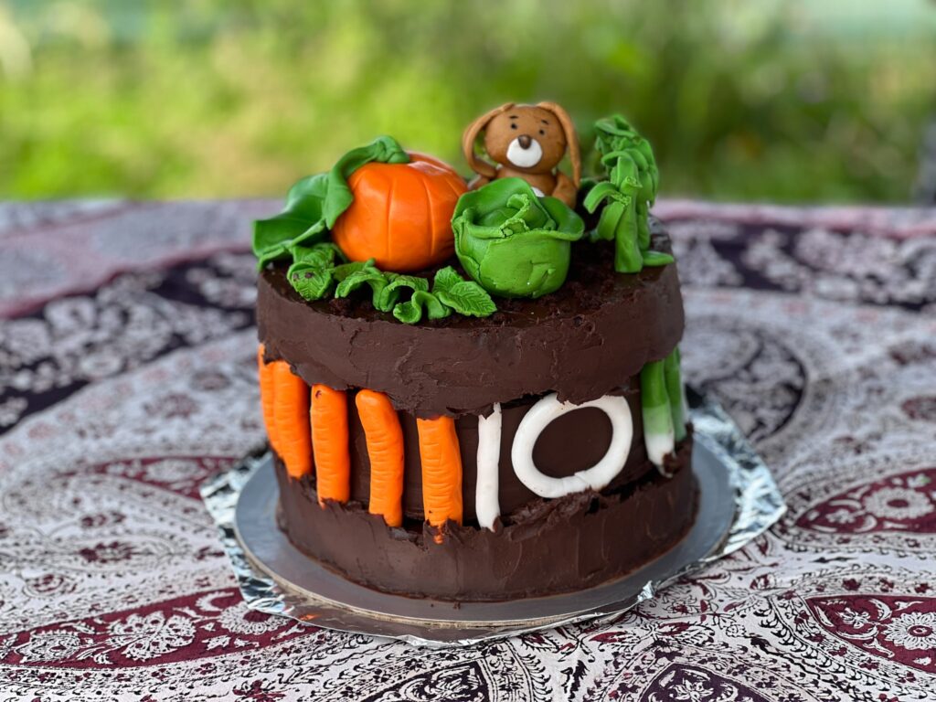Chocolate cake decorated with a vegetable garden and a rabbit